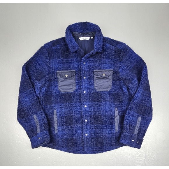 Peter‎ Millar High Pile Fleece Jacket Mens XL Blue Black Sherpa Snap Button